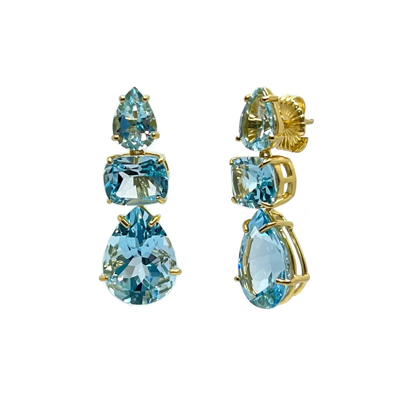 3-Tier Cushion-cut and Pear-Shape Blue Topaz Drop Earrings