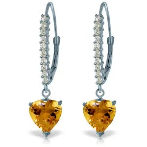 3.55 Carat 14K Solid White Gold Leverback Earrings Natural Diamond Citrine