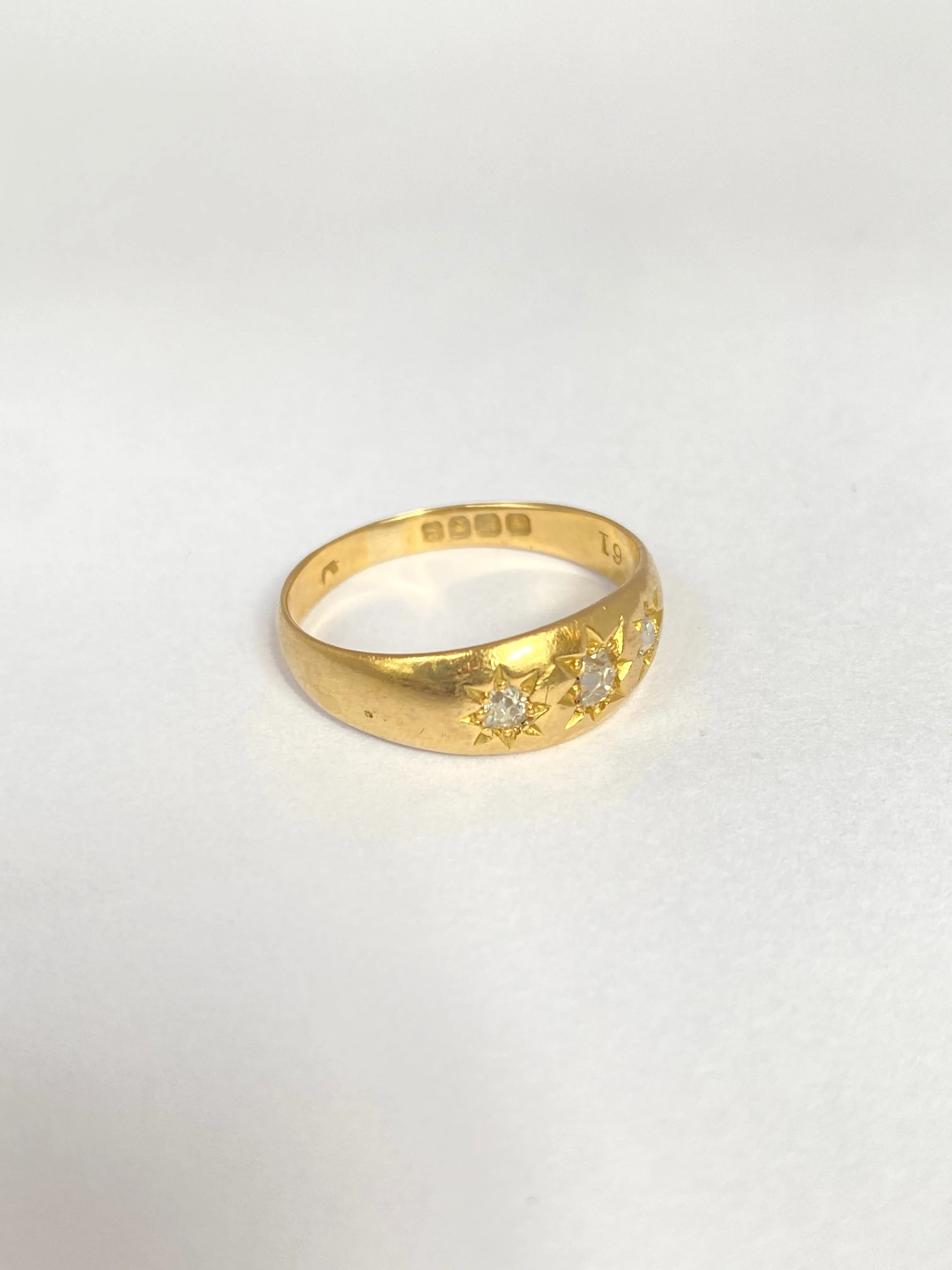 3rd payment Antique, 18ct Gold, Old Cut Diamond, 3 Star, Gypsy Ring, Hallmarked London, 1902