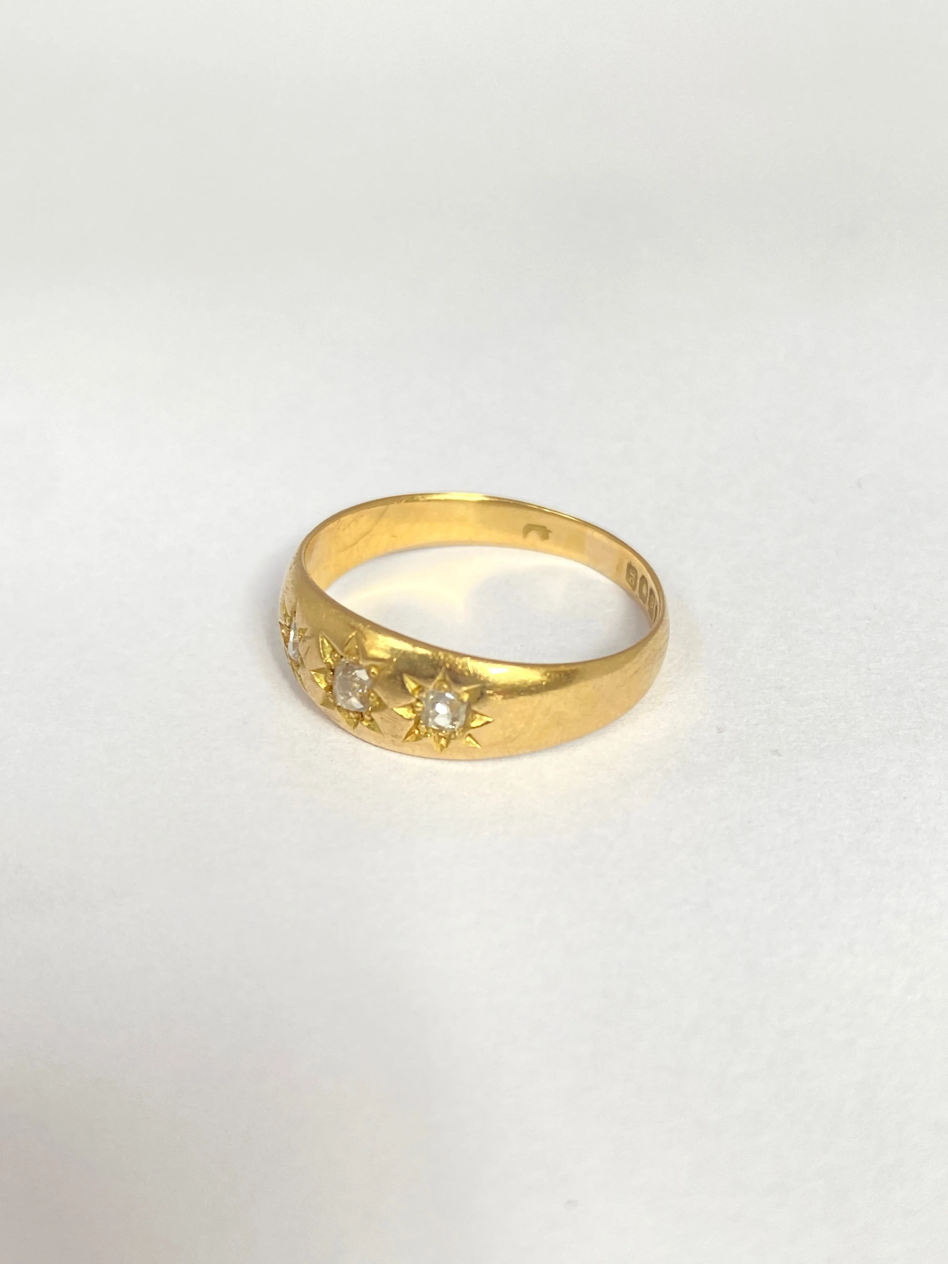 3rd payment Antique, 18ct Gold, Old Cut Diamond, 3 Star, Gypsy Ring, Hallmarked London, 1902