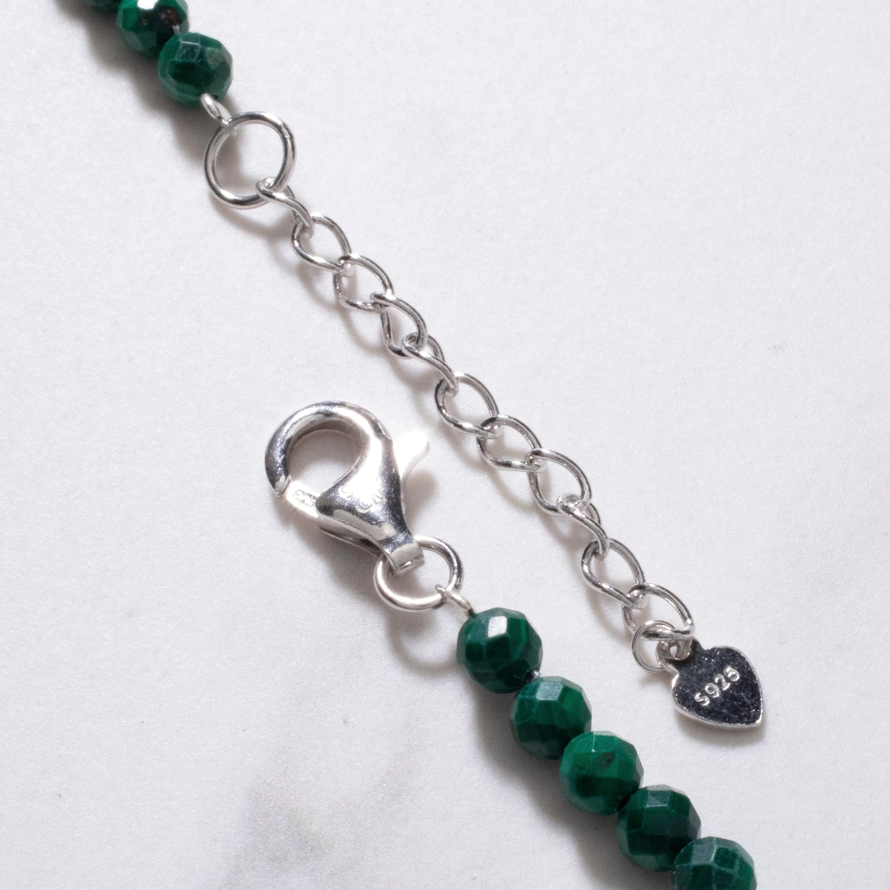 4mm Faceted Malachite Bead Necklace with 5 Pearls with 925 Silver Clasp