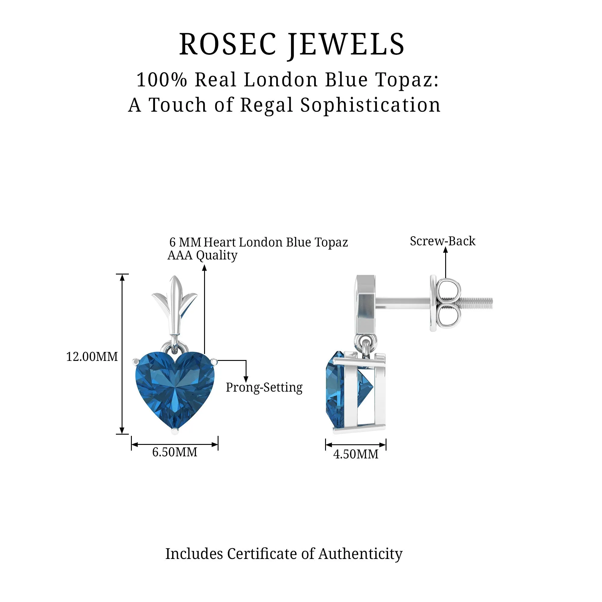 6 MM Heart Shape London Blue Topaz Drop Stud Earrings