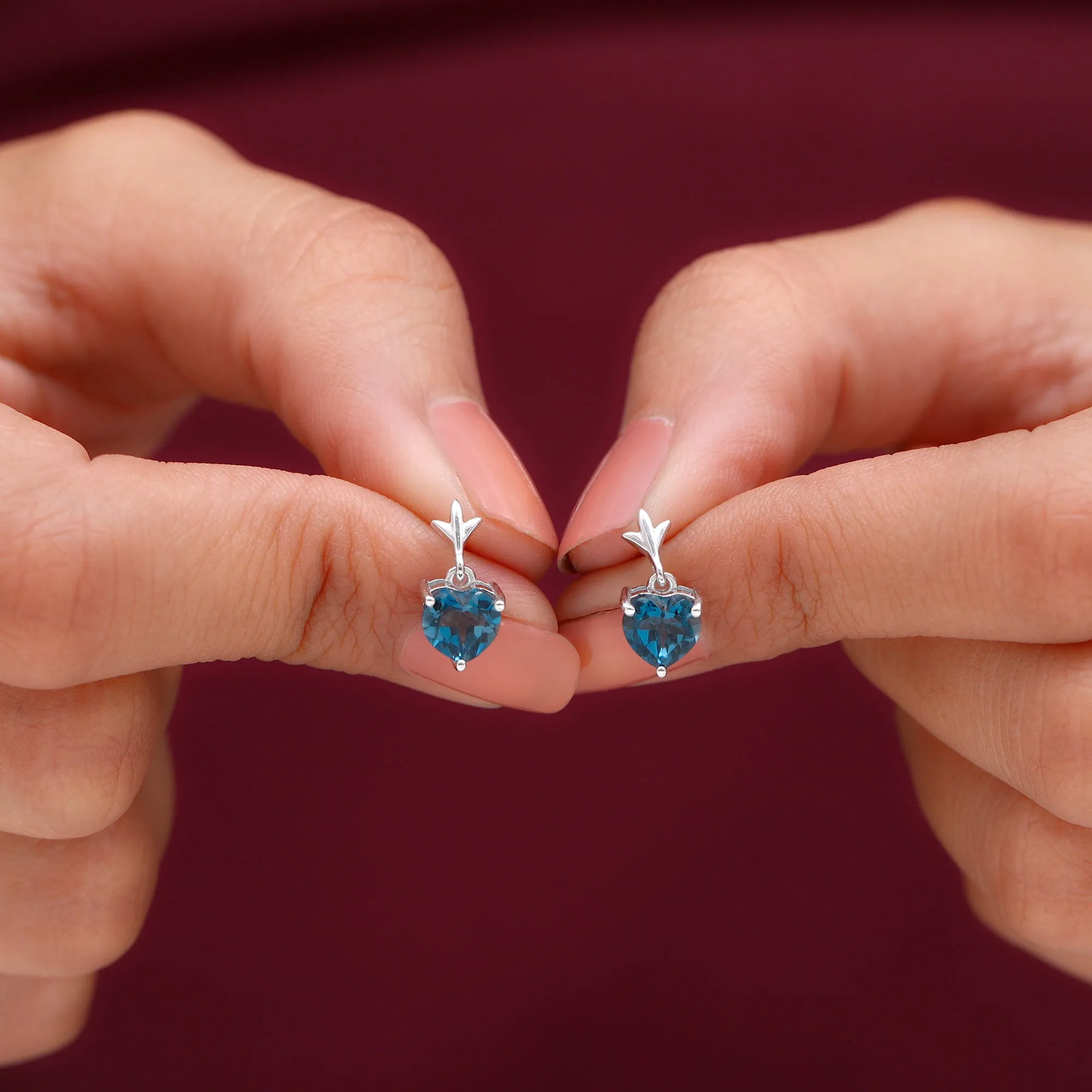 6 MM Heart Shape London Blue Topaz Drop Stud Earrings