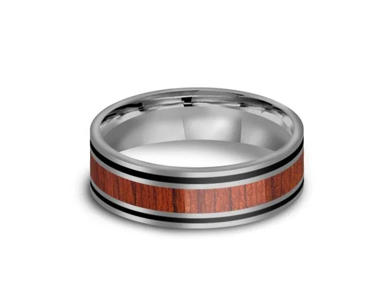 6MM HAWAIIAN Koa Wood Tungsten WEDDING BAND FLAT AND GRAY INTERIOR