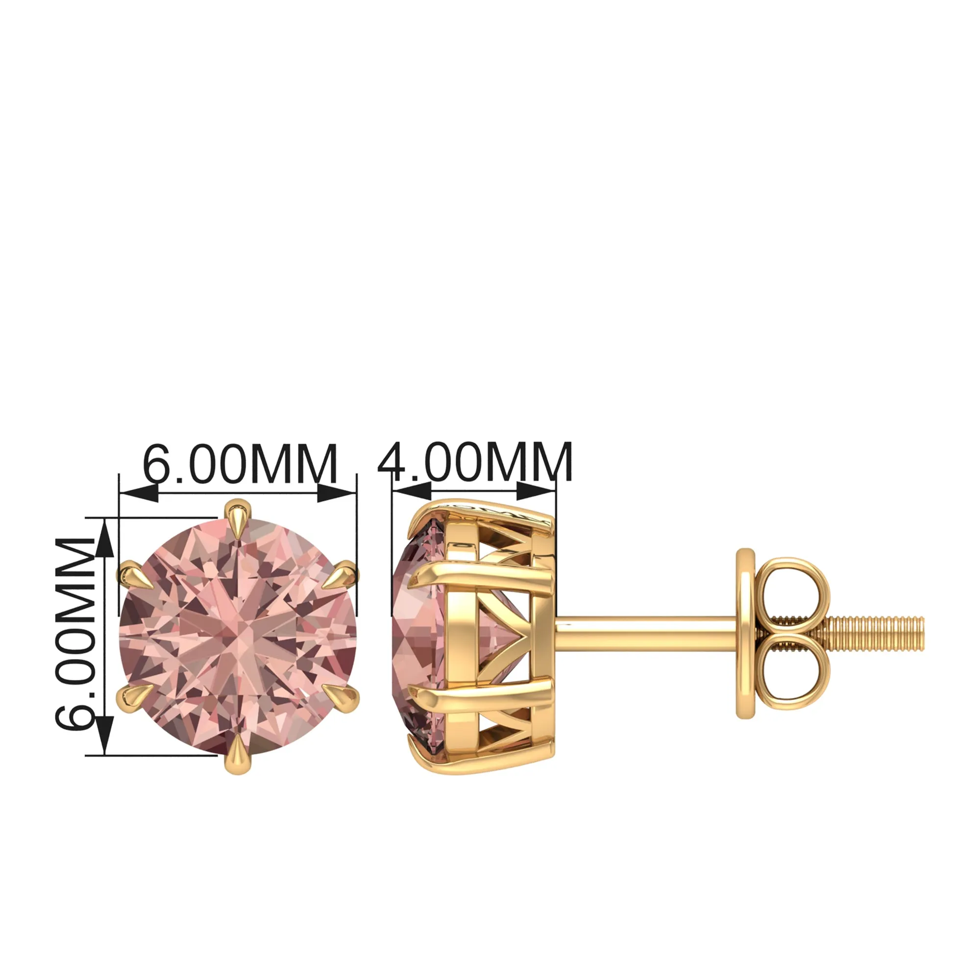 6X6 MM Morganite Solitaire Stud Earring in 6 Claw Prong Setting