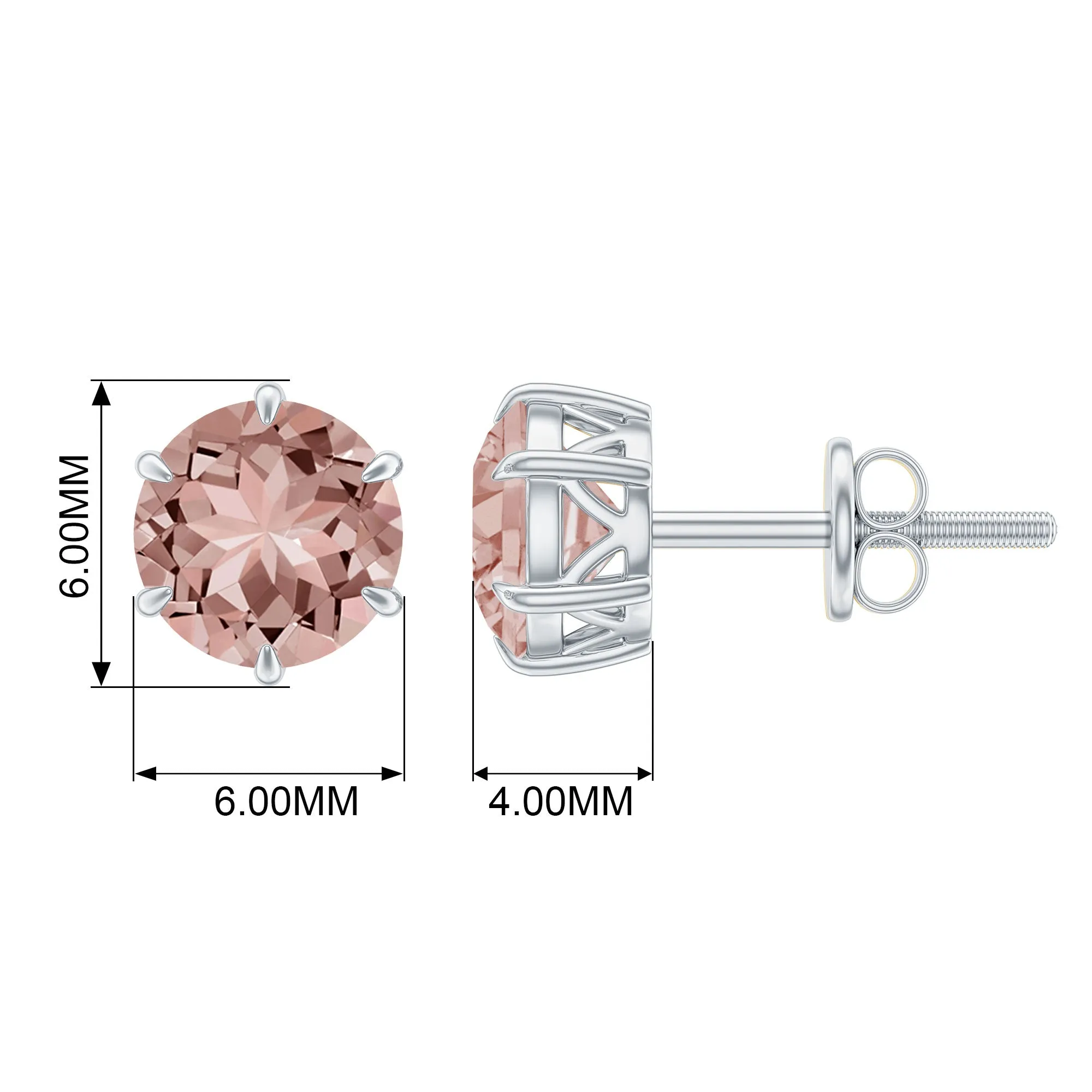 6X6 MM Morganite Solitaire Stud Earring in 6 Claw Prong Setting