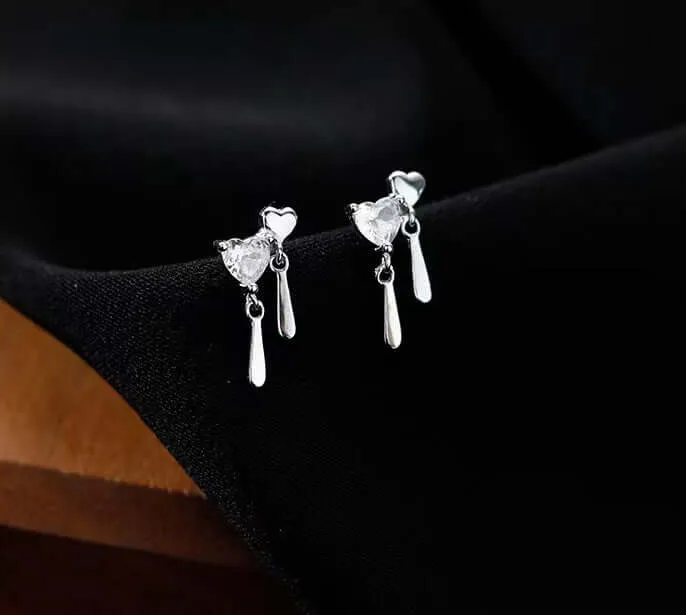 925 Silver Double Heart Water Drop Earrings