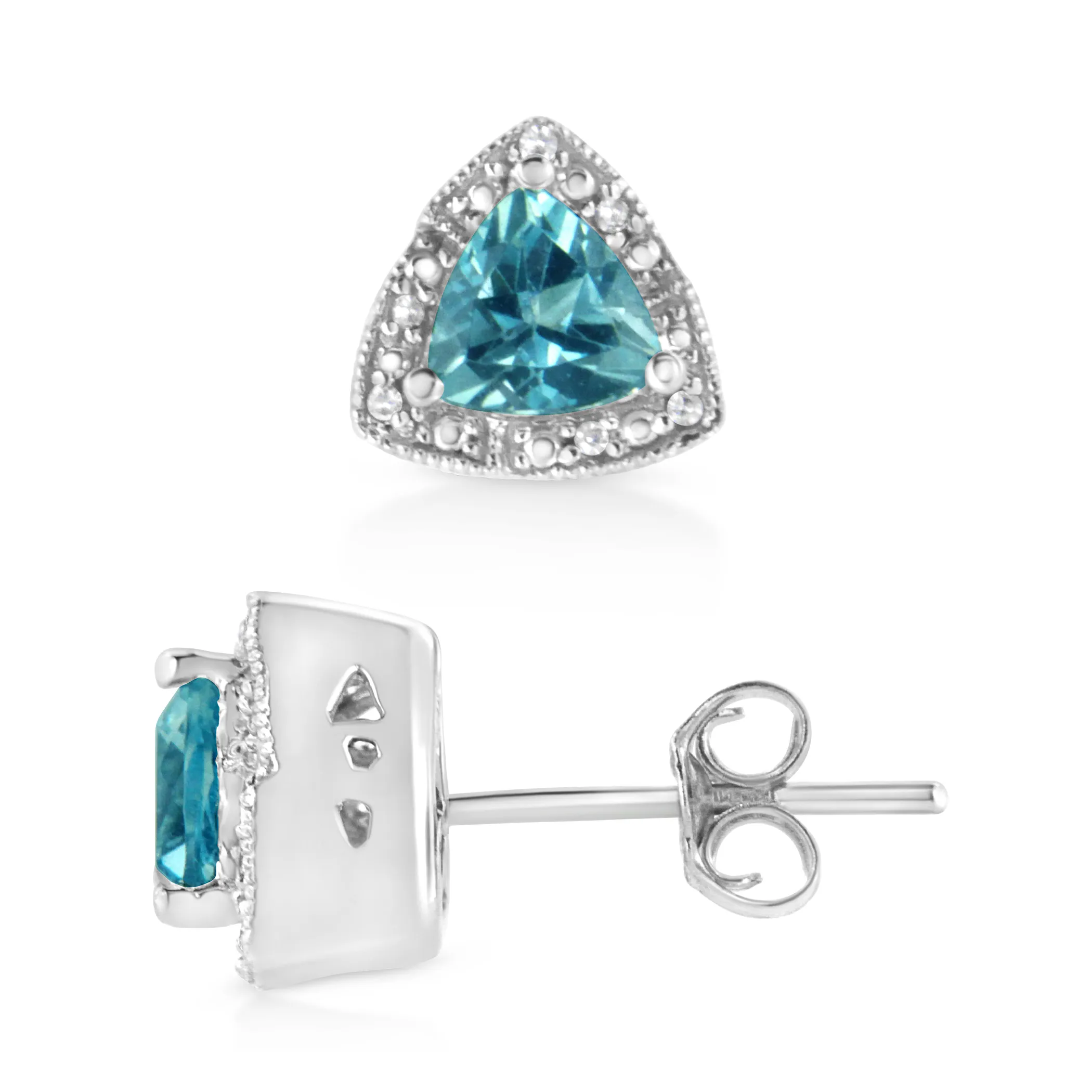 .925 Sterling Silver 6x6 mm Trillion Cut Blue Topaz Gemstone and Diamond Accent Stud Earring (I-J Color, I1-I2 Clarity)