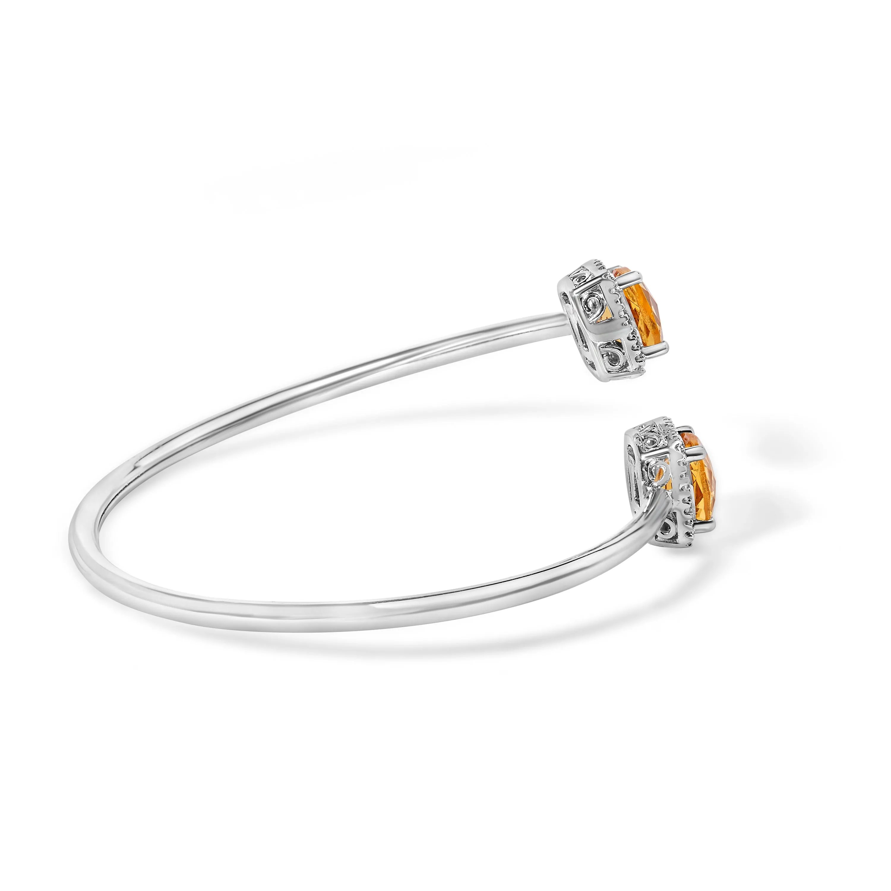 .925 Sterling Silver 8mm Cushion Cut Yellow Citrine Gemstone and Diamond Accent Split Bypass Bangle Bracelet