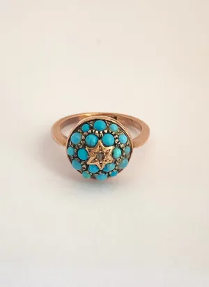 9ct Gold, Antique, Turquoise and Rose Cut Diamond Cluster/Bombe Ring