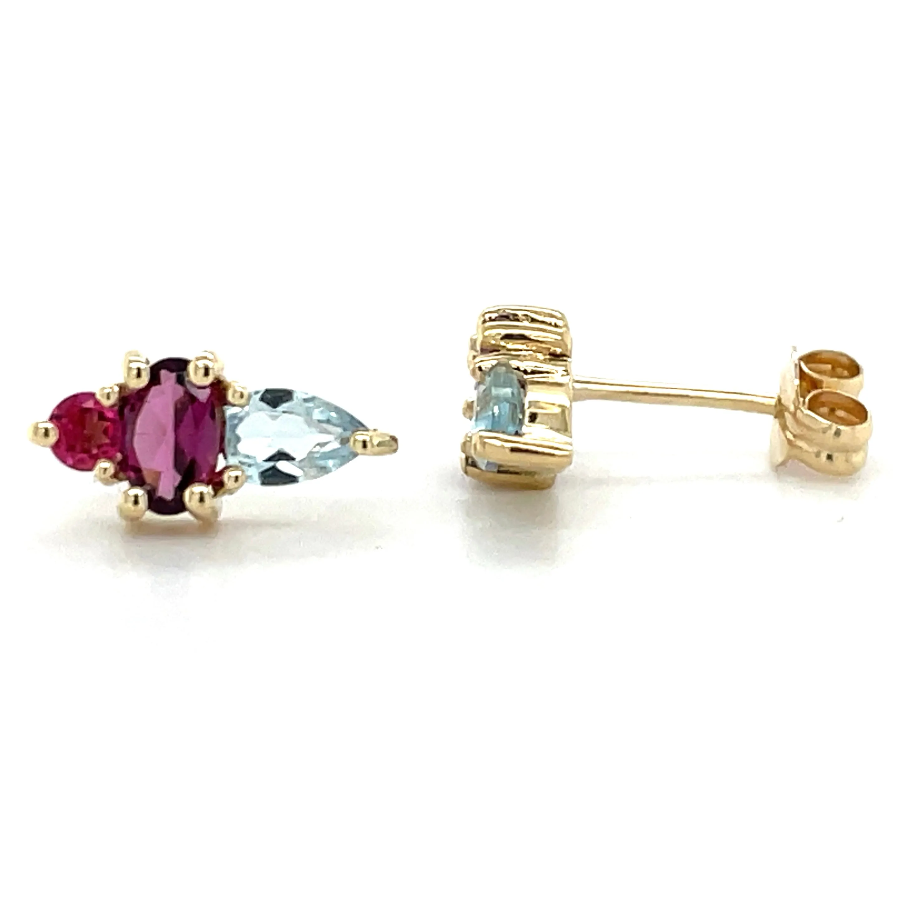 9ct Yellow Gold Earth Grown Blue Topaz, Pink Topaz & Rhodolite Earrings