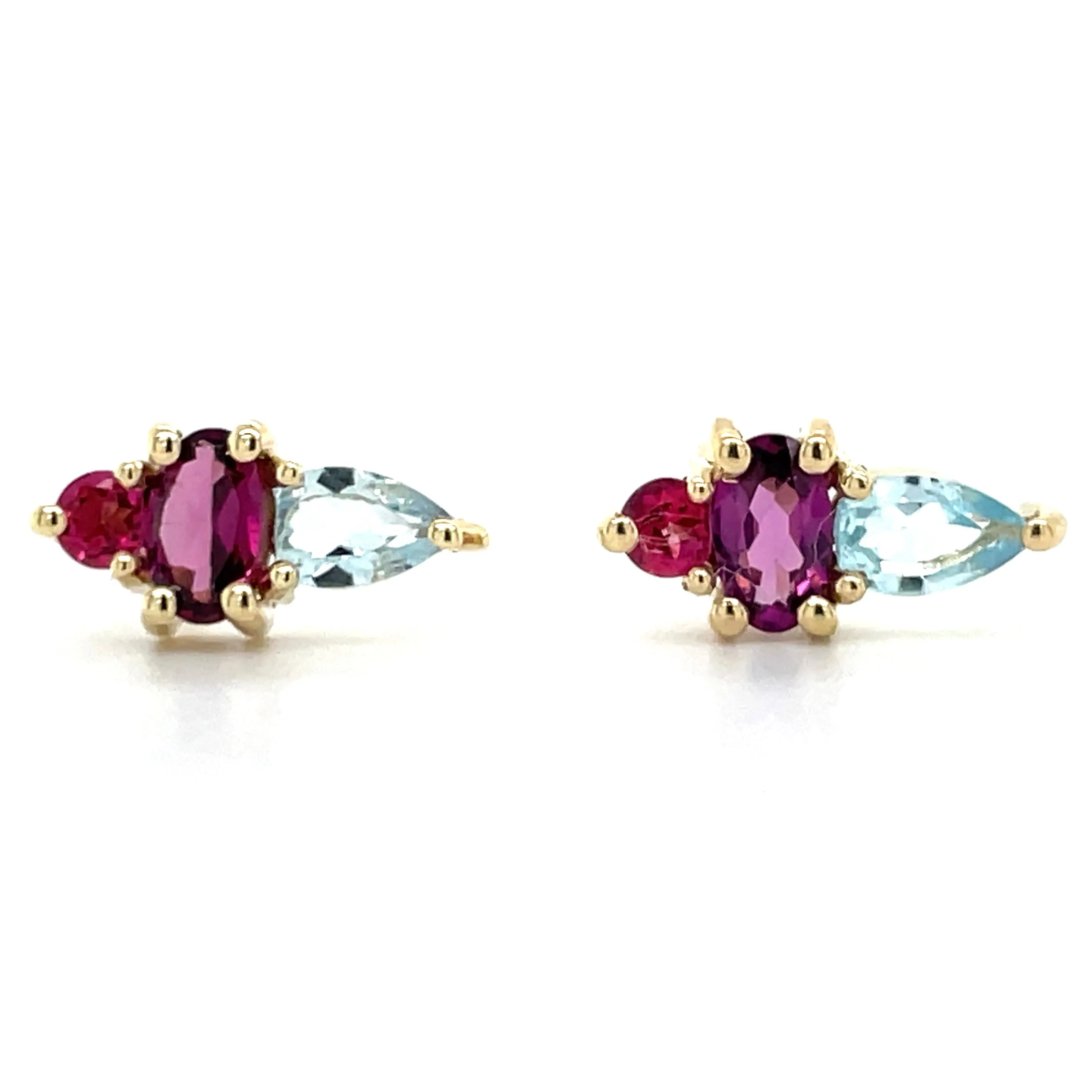 9ct Yellow Gold Earth Grown Blue Topaz, Pink Topaz & Rhodolite Earrings