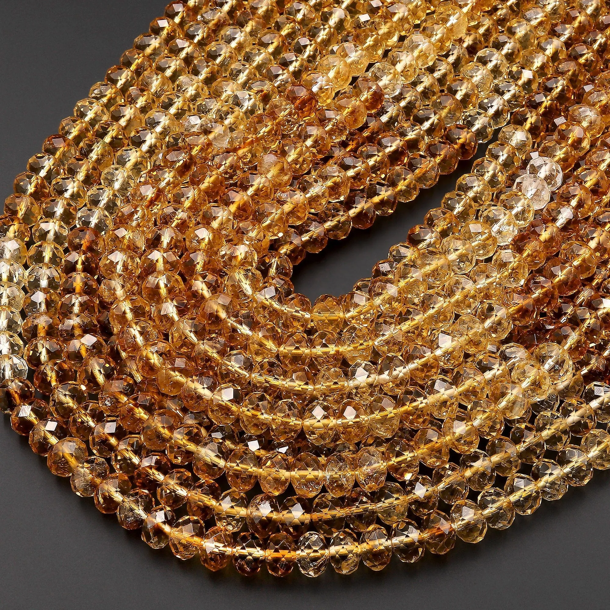 AAA Faceted Natural Golden Yellow Citrine Rondelle Beads 7mm 8mm Graduated Ombre Colors Extra Clarity 15.5" Strand