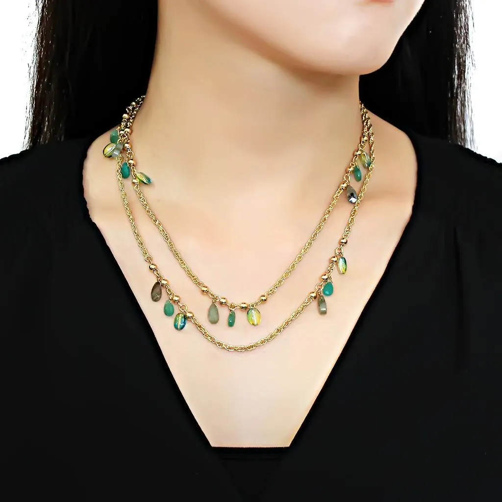 Alamode Gold Brass Necklace with Synthetic Jade in Emerald