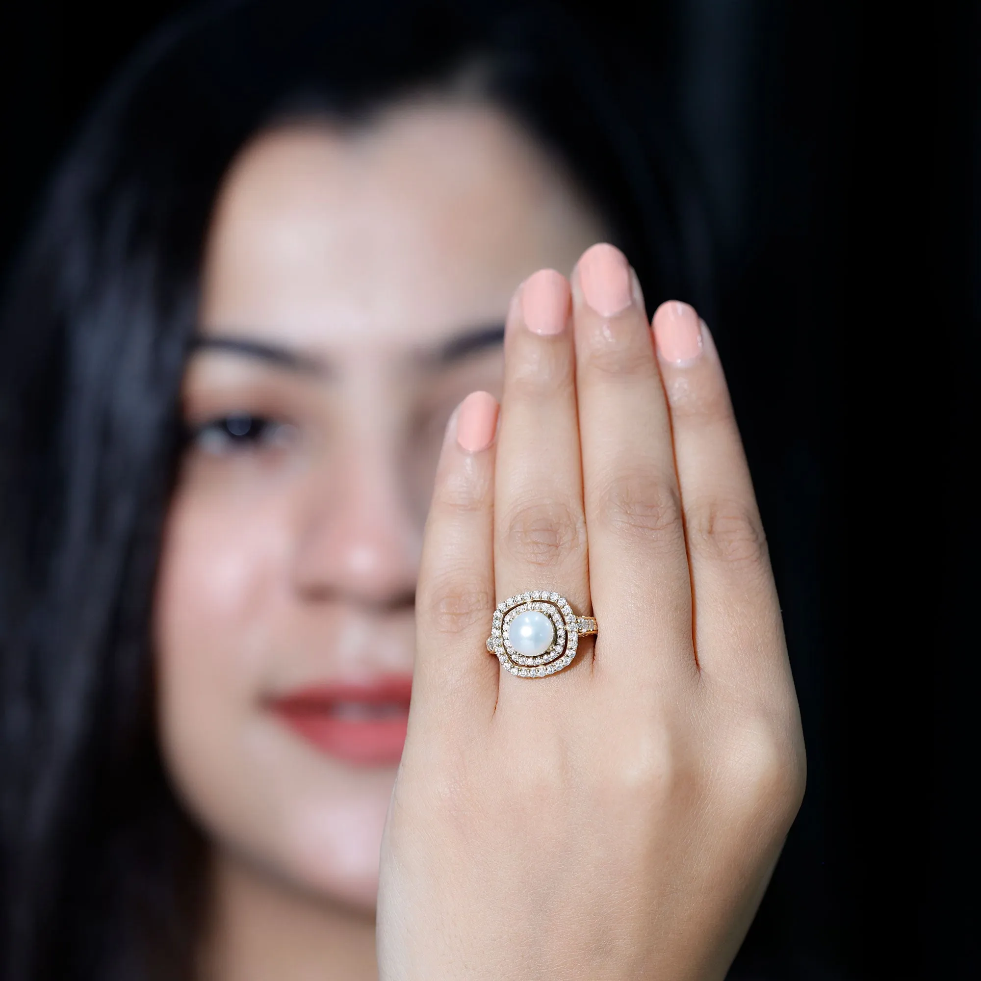 Amazing Freshwater Pearl Solitaire Engagement Ring and Moissanite Double Halo