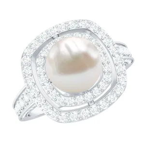 Amazing Freshwater Pearl Solitaire Engagement Ring and Moissanite Double Halo