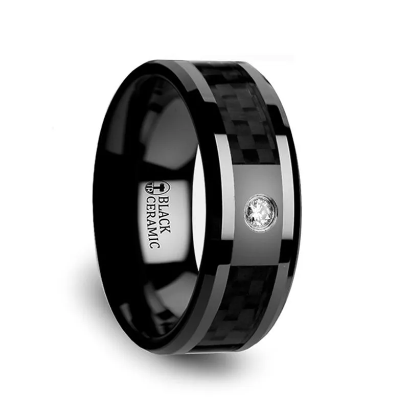 ANGUS | Black Ceramic Ring, Black Carbon Fiber Inlay, Diamond, Beveled