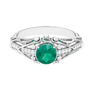 Antique Style Round Emerald Engagement Ring with Diamond