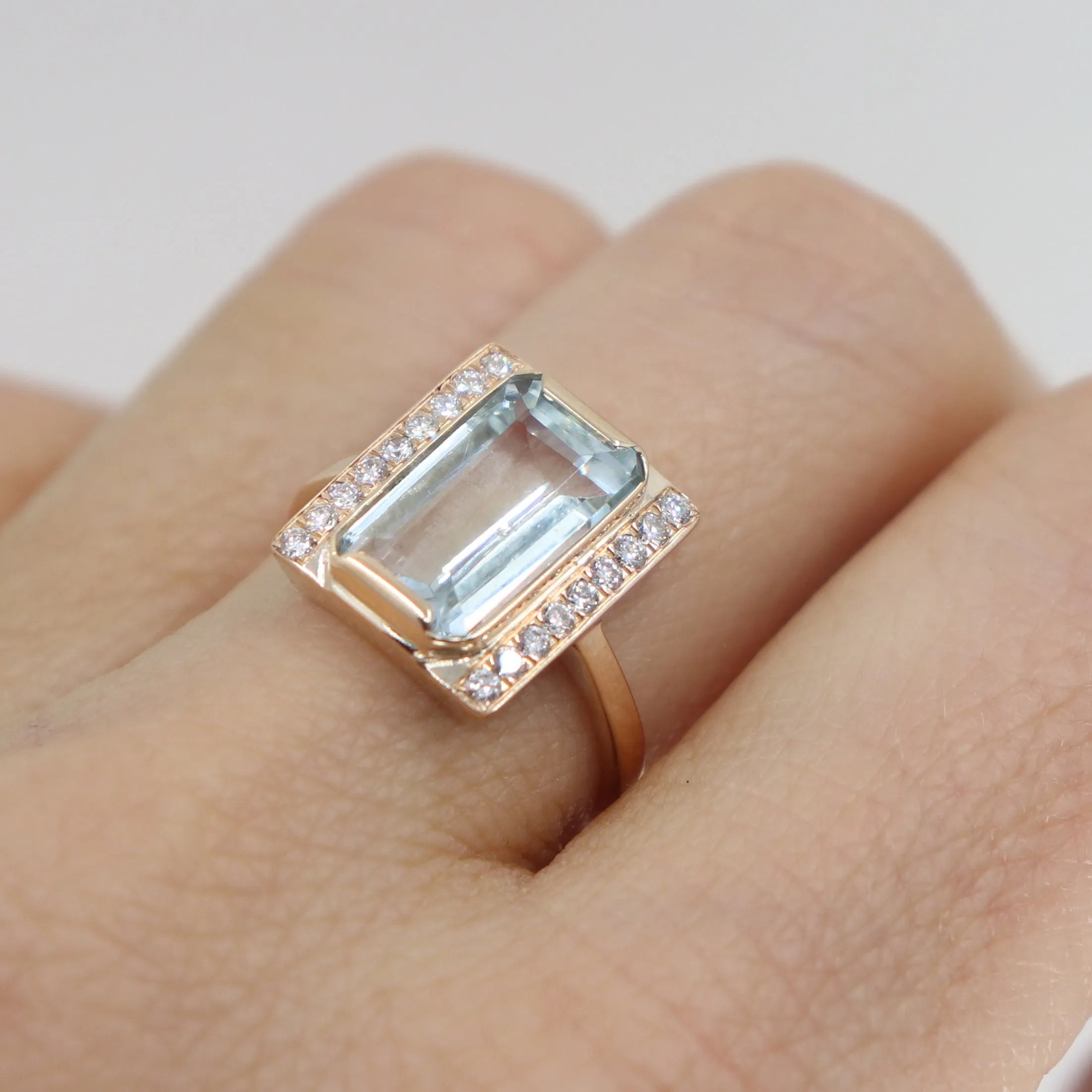 Aquamarine and diamond baguette ring