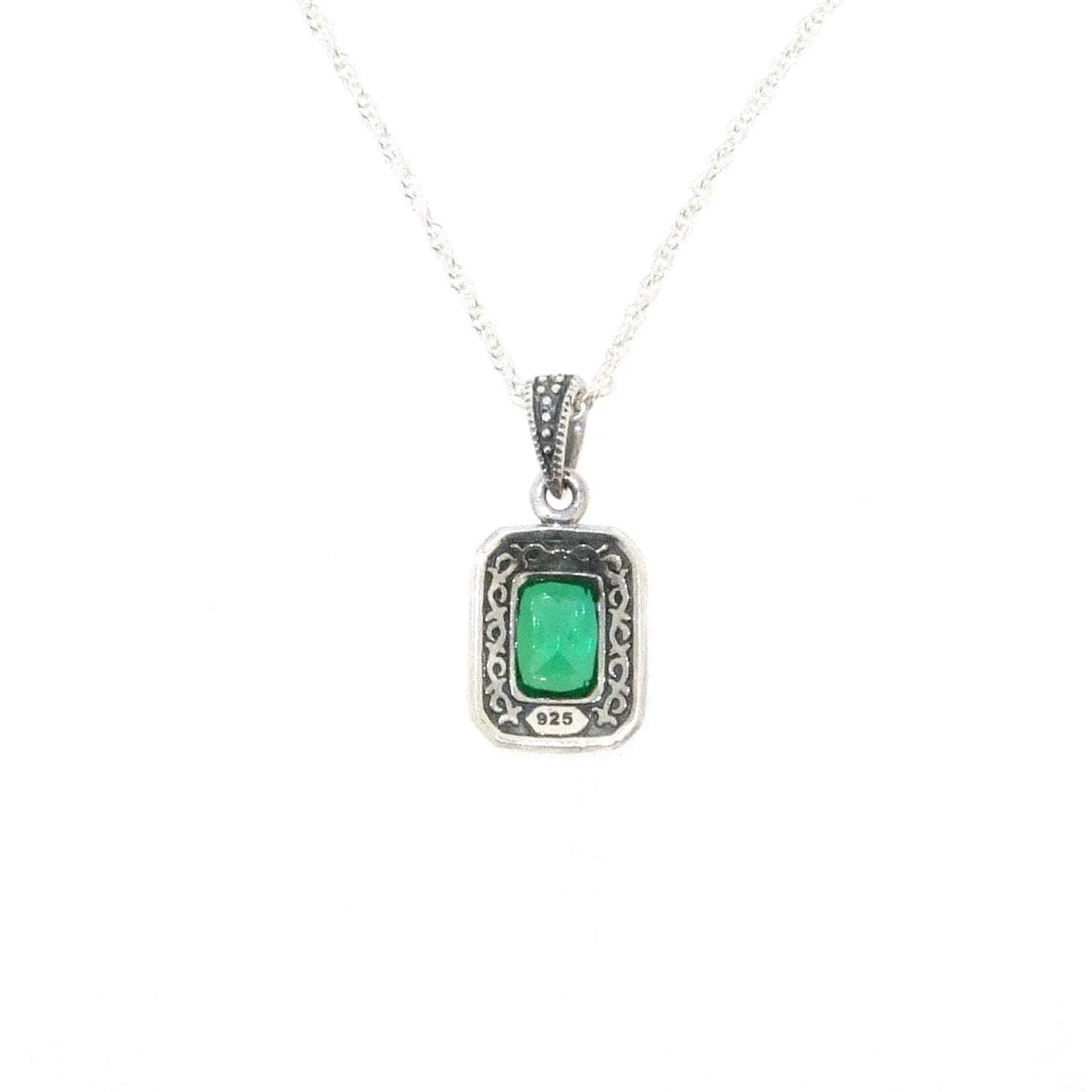 Art Deco Pendant Green Emerald Necklace Silver Marcasite Cubic Zirconia