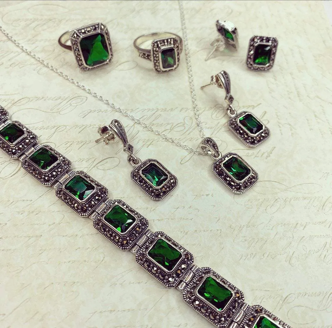 Art Deco Pendant Green Emerald Necklace Silver Marcasite Cubic Zirconia