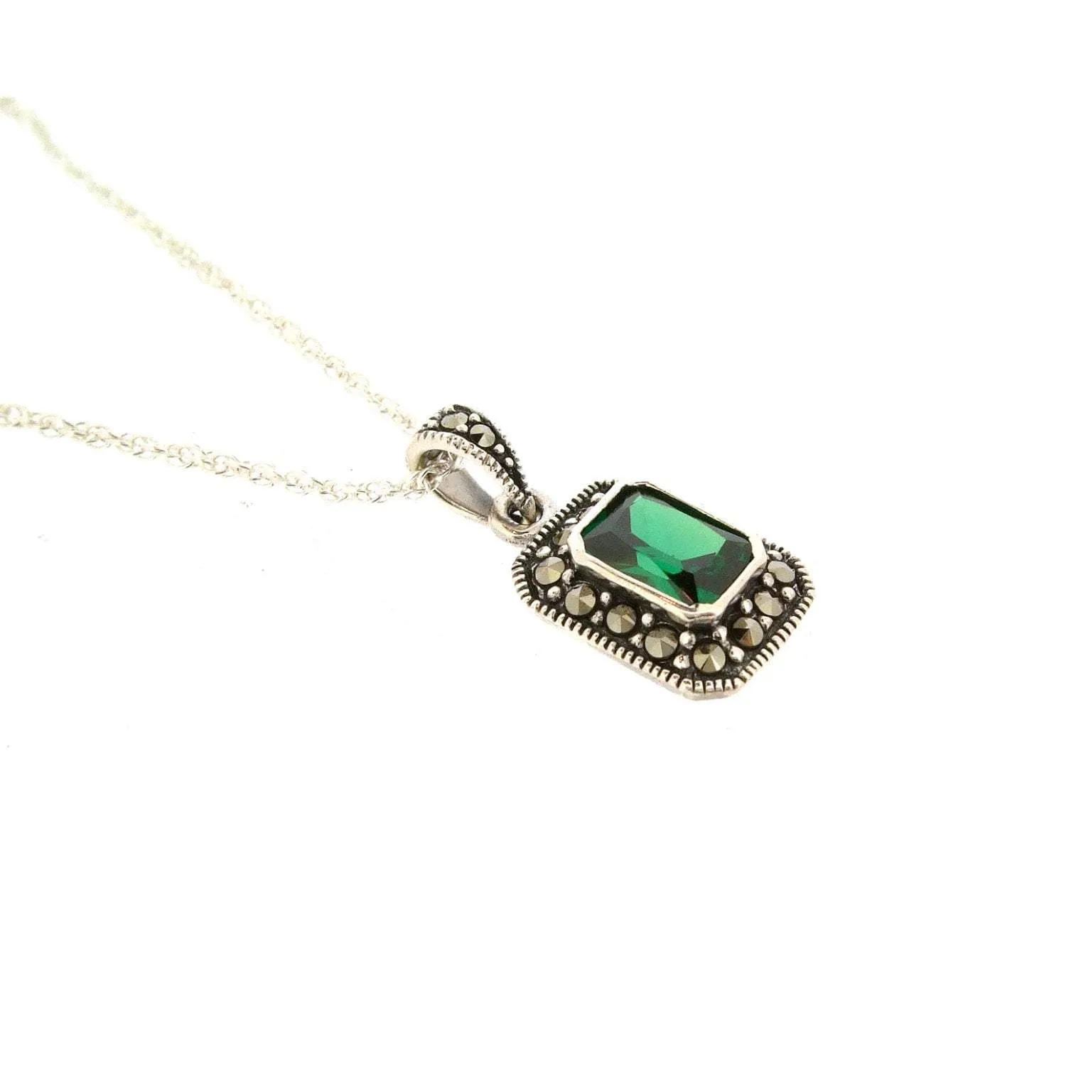 Art Deco Pendant Green Emerald Necklace Silver Marcasite Cubic Zirconia