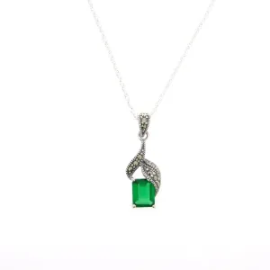 Art Deco Pendant Necklace Emerald Green Crystal Silver Vintage Wedding Bridal Bridesmaid