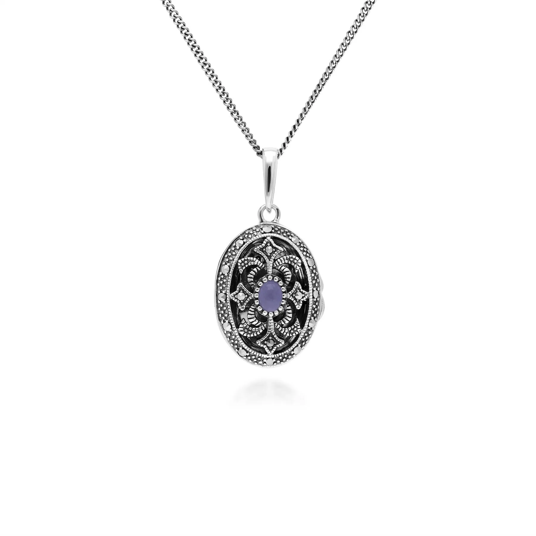 Art Nouveau Stil Ovale Gefärbte Lila Jade & Markasite Halskette in 925 Sterlingsterlingsilber