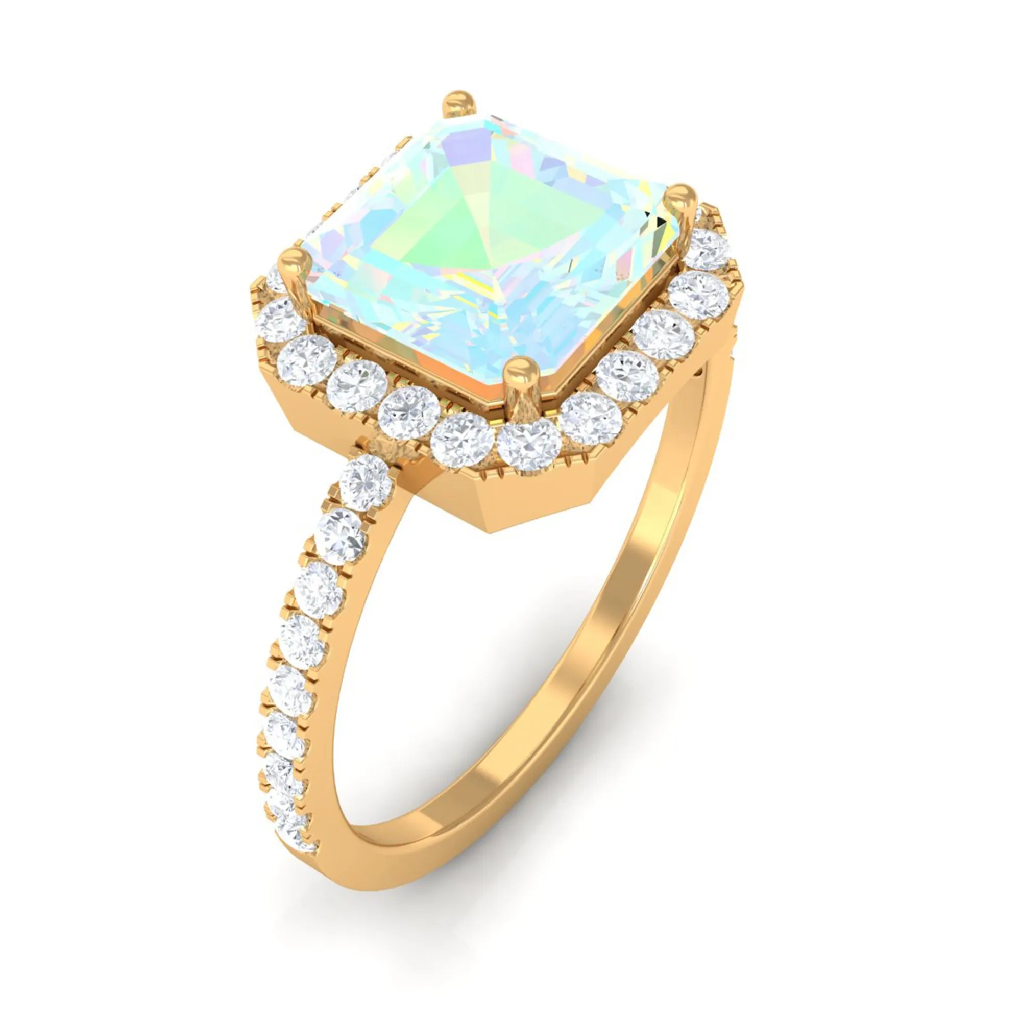 Asscher Cut Ethiopian Opal Halo Engagement Ring with Diamond