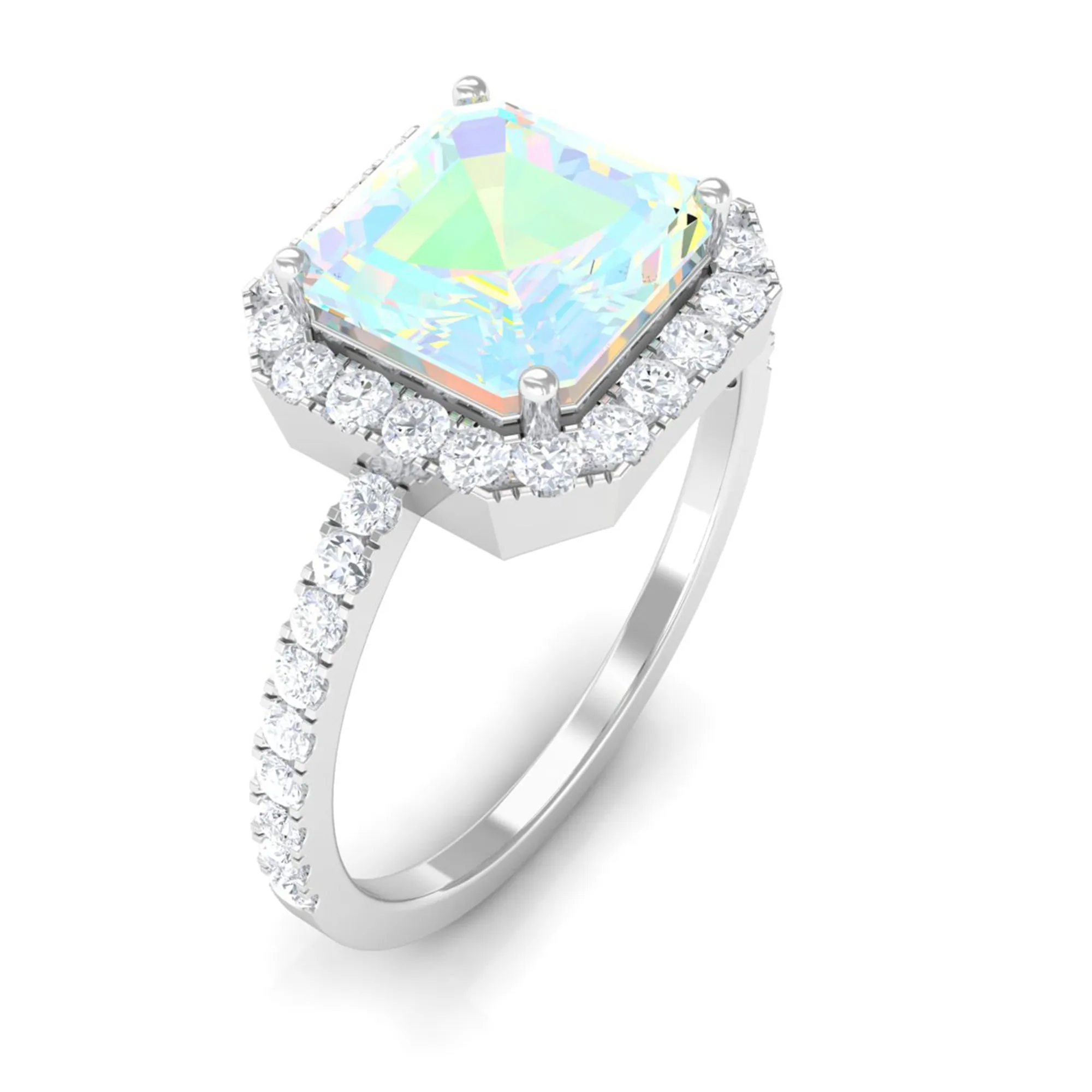 Asscher Cut Ethiopian Opal Halo Engagement Ring with Diamond