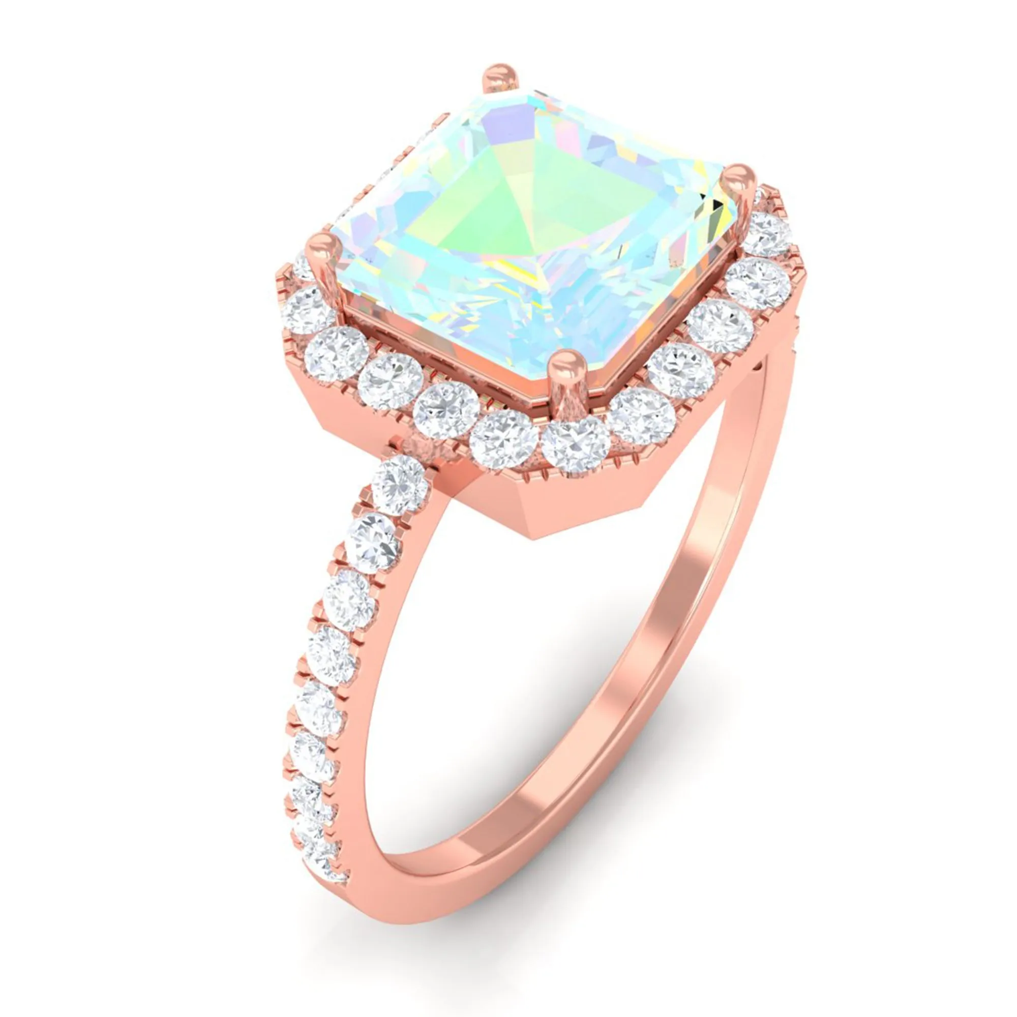 Asscher Cut Ethiopian Opal Halo Engagement Ring with Diamond