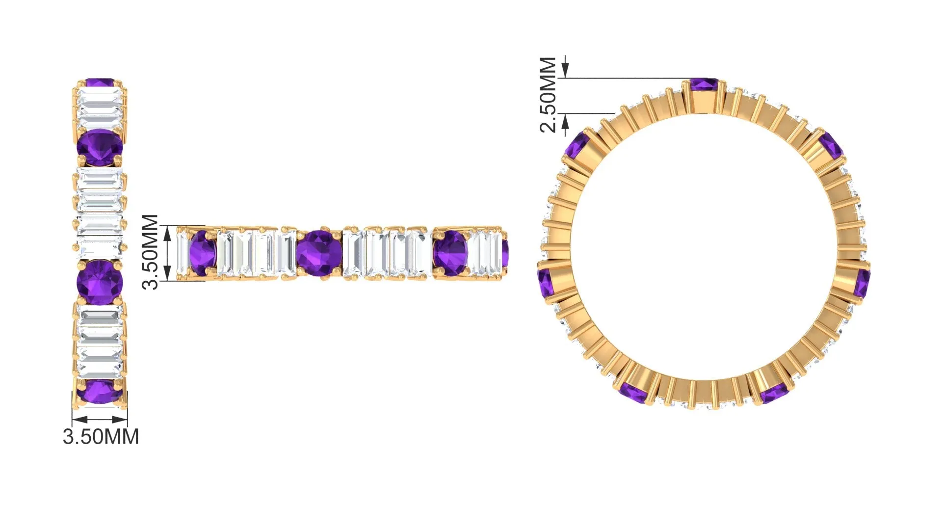 Baguette Cut Moissanite and Round Amethyst Eternity Ring in Prong Setting
