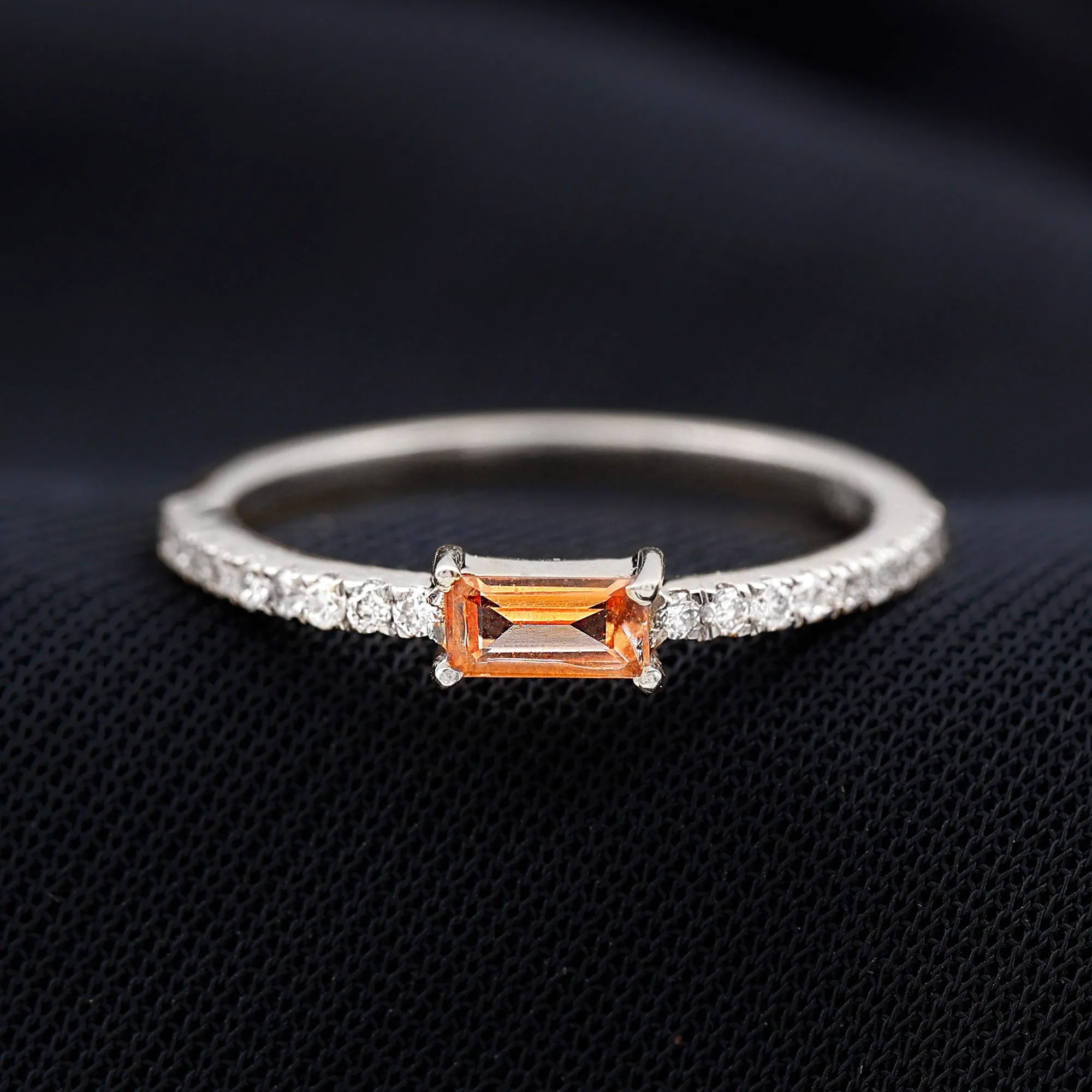 Baguette Cut Orange Sapphire East West Promise Ring with Diamond