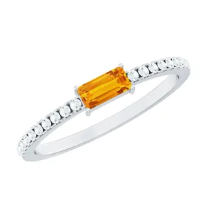 Baguette Cut Orange Sapphire East West Promise Ring with Diamond