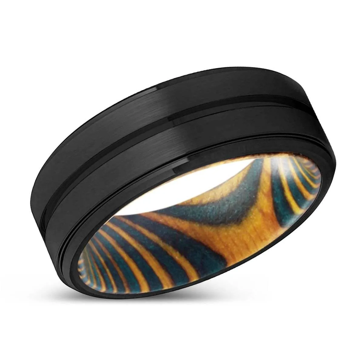 BISHOP | Green & Yellow Wood, Black Tungsten Ring, Grooved, Stepped Edge