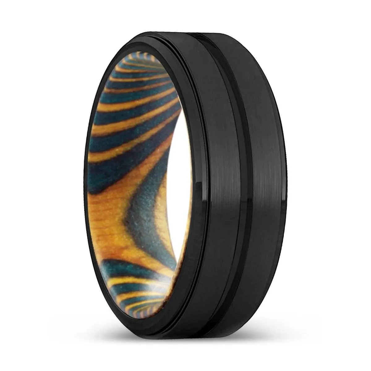 BISHOP | Green & Yellow Wood, Black Tungsten Ring, Grooved, Stepped Edge