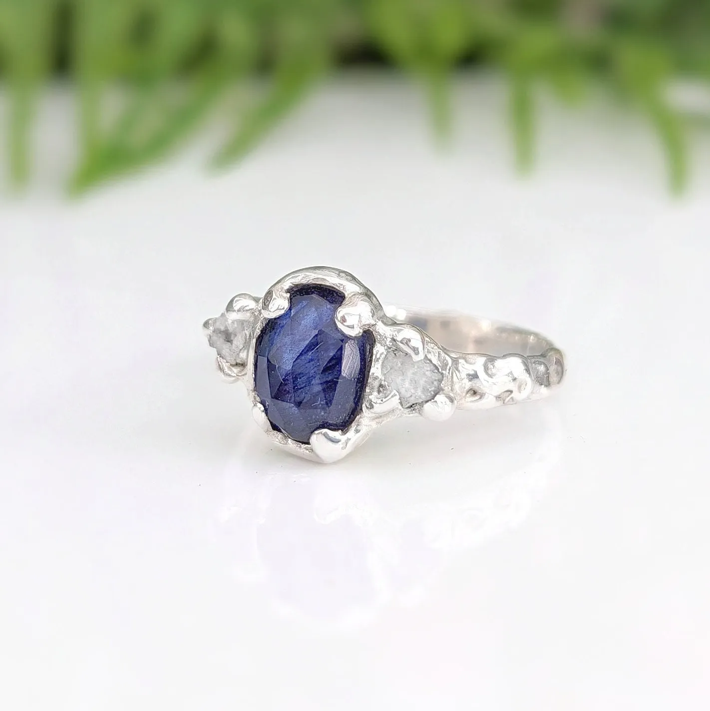 Blue Sapphire and raw diamond engagement ring in Solid Sterling Silver