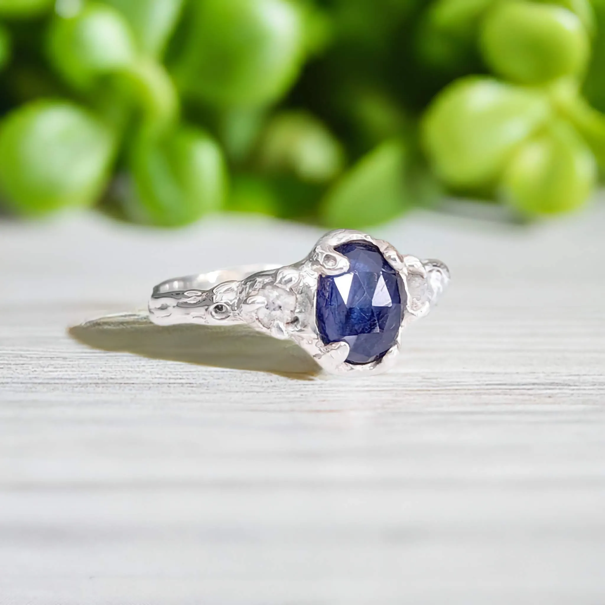 Blue Sapphire and raw diamond engagement ring in Solid Sterling Silver