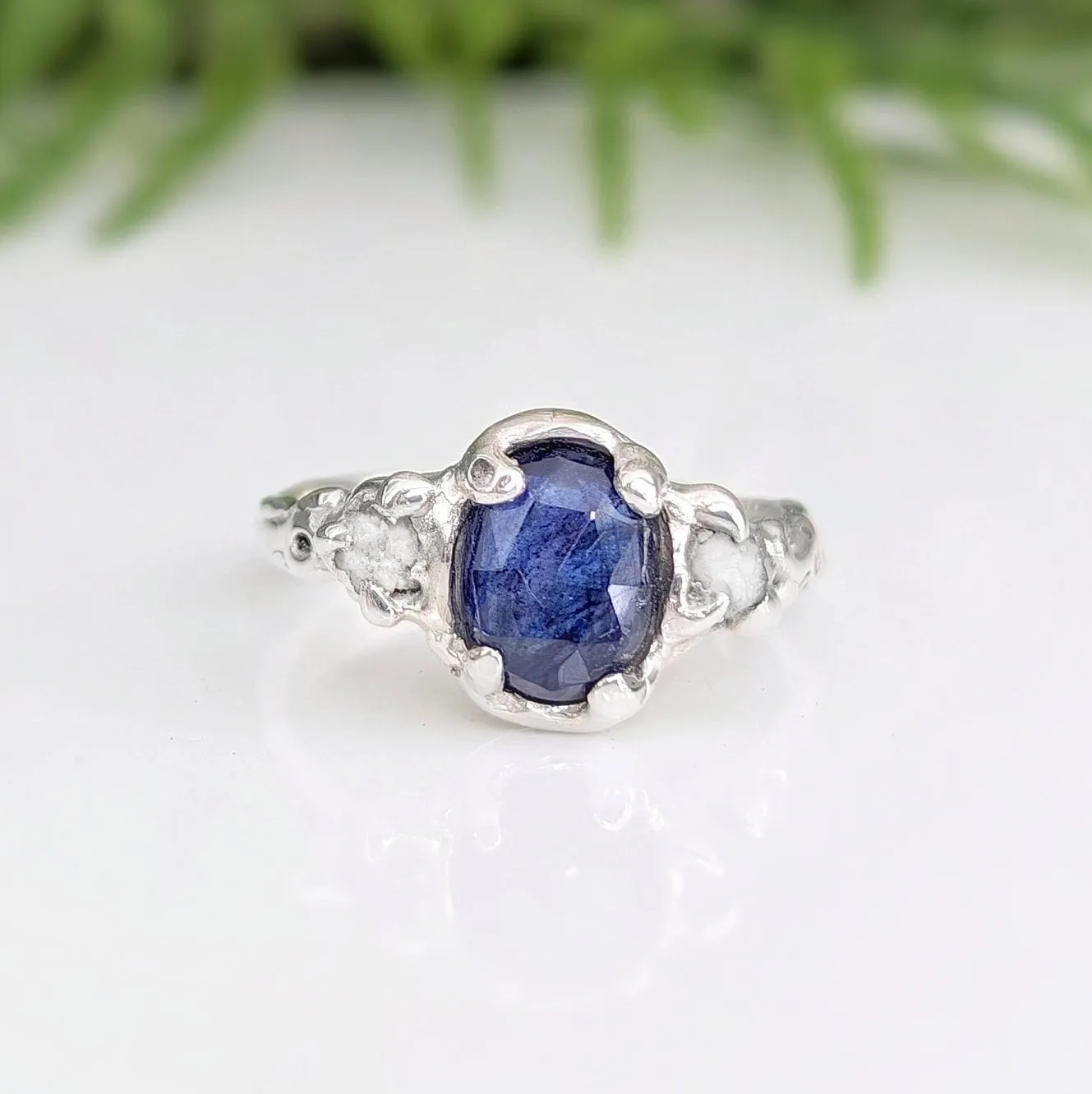 Blue Sapphire and raw diamond engagement ring in Solid Sterling Silver