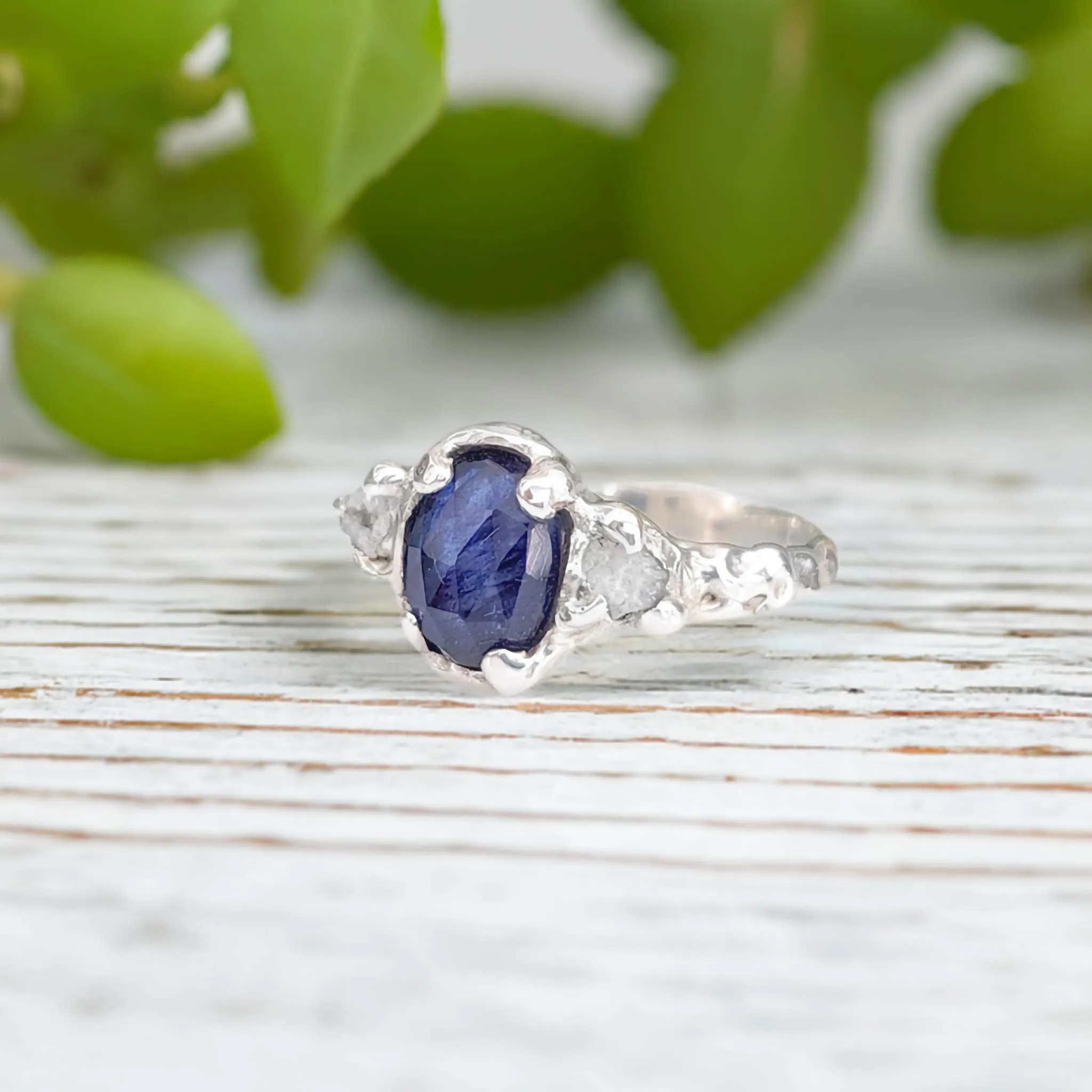 Blue Sapphire and raw diamond engagement ring in Solid Sterling Silver