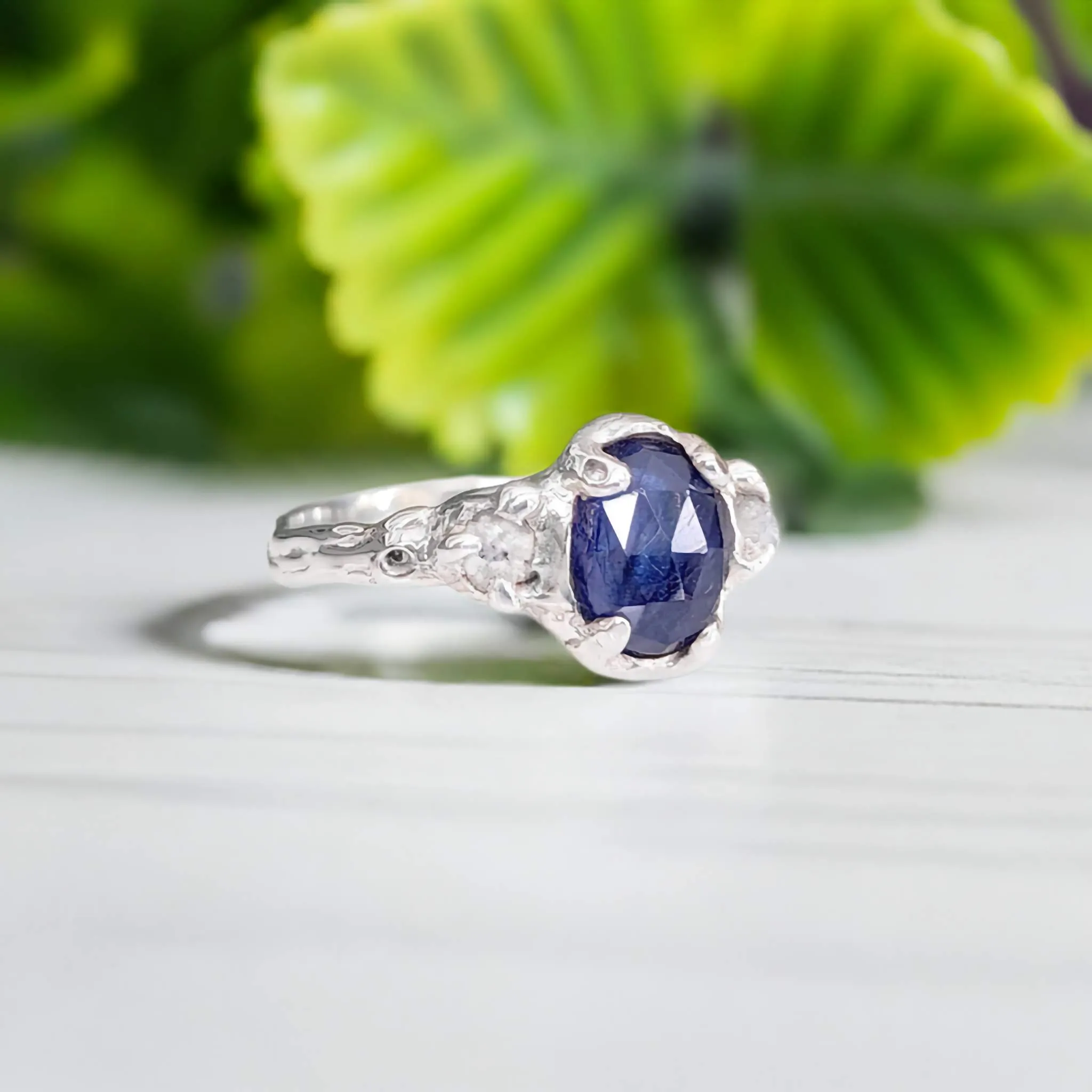 Blue Sapphire and raw diamond engagement ring in Solid Sterling Silver