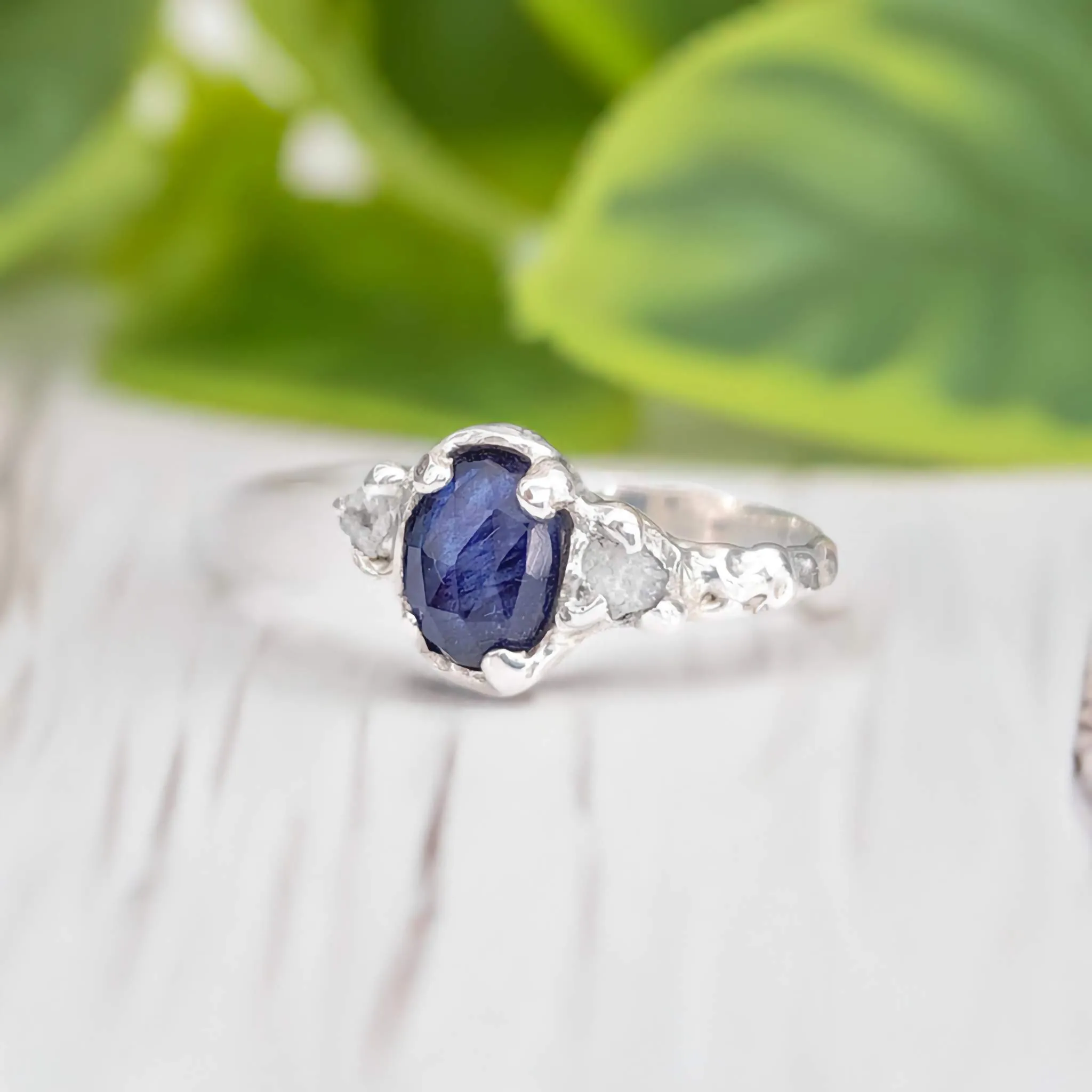 Blue Sapphire and raw diamond engagement ring in Solid Sterling Silver