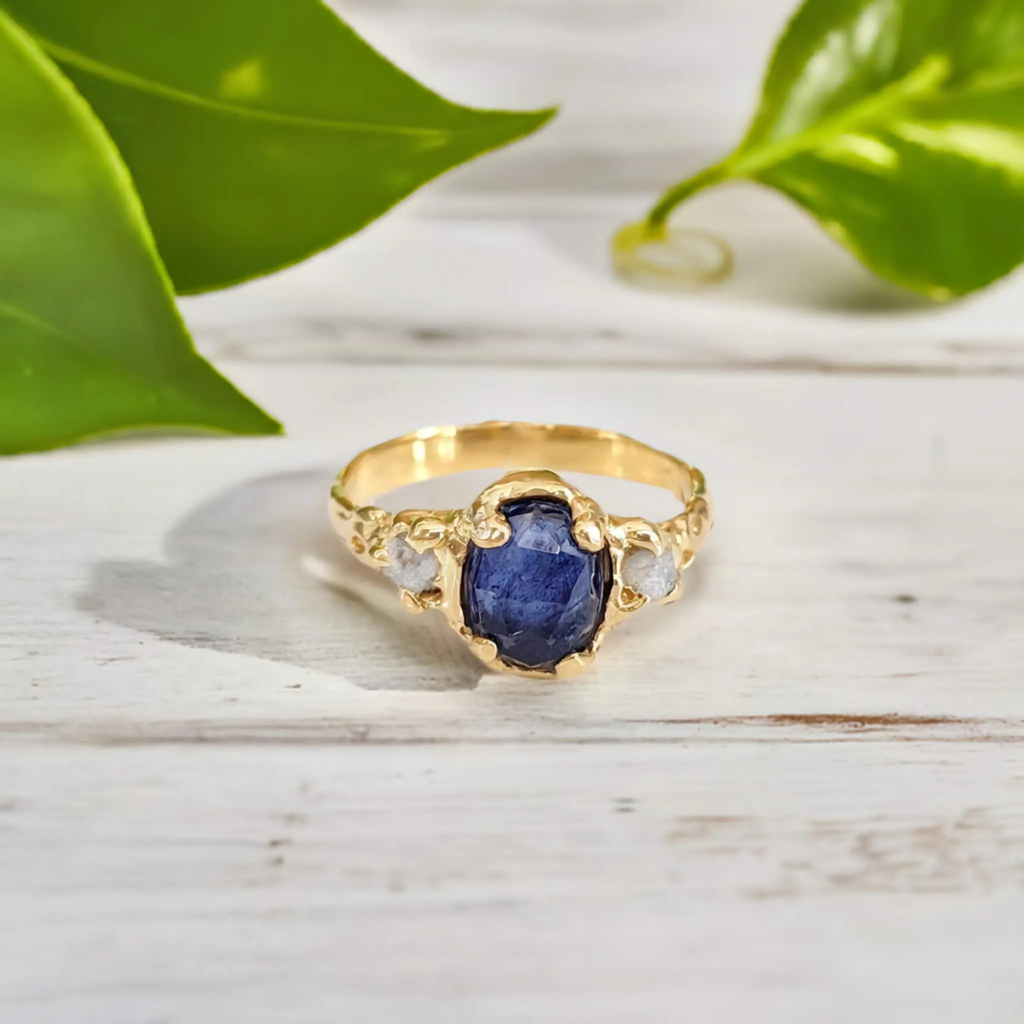 Blue Sapphire and raw diamond engagement ring in Solid Sterling Silver