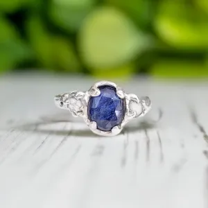 Blue Sapphire and raw diamond engagement ring in Solid Sterling Silver