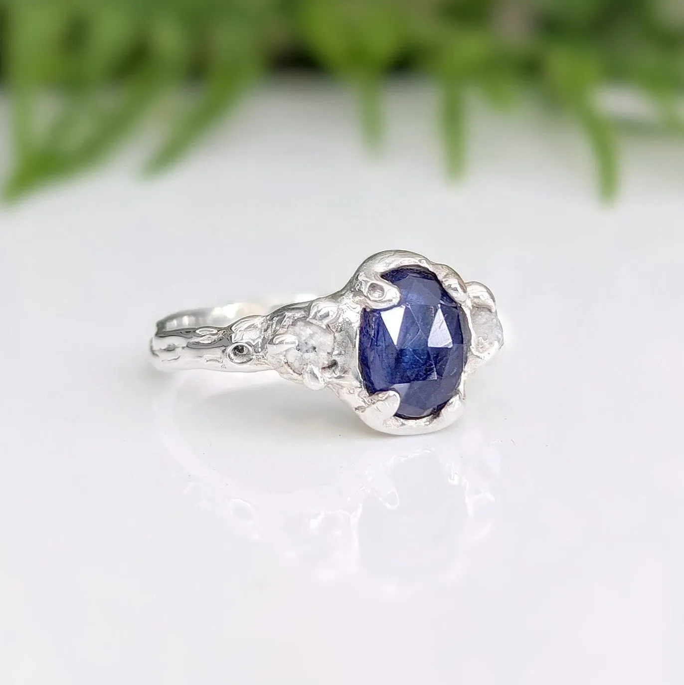 Blue Sapphire and raw diamond engagement ring in Solid Sterling Silver