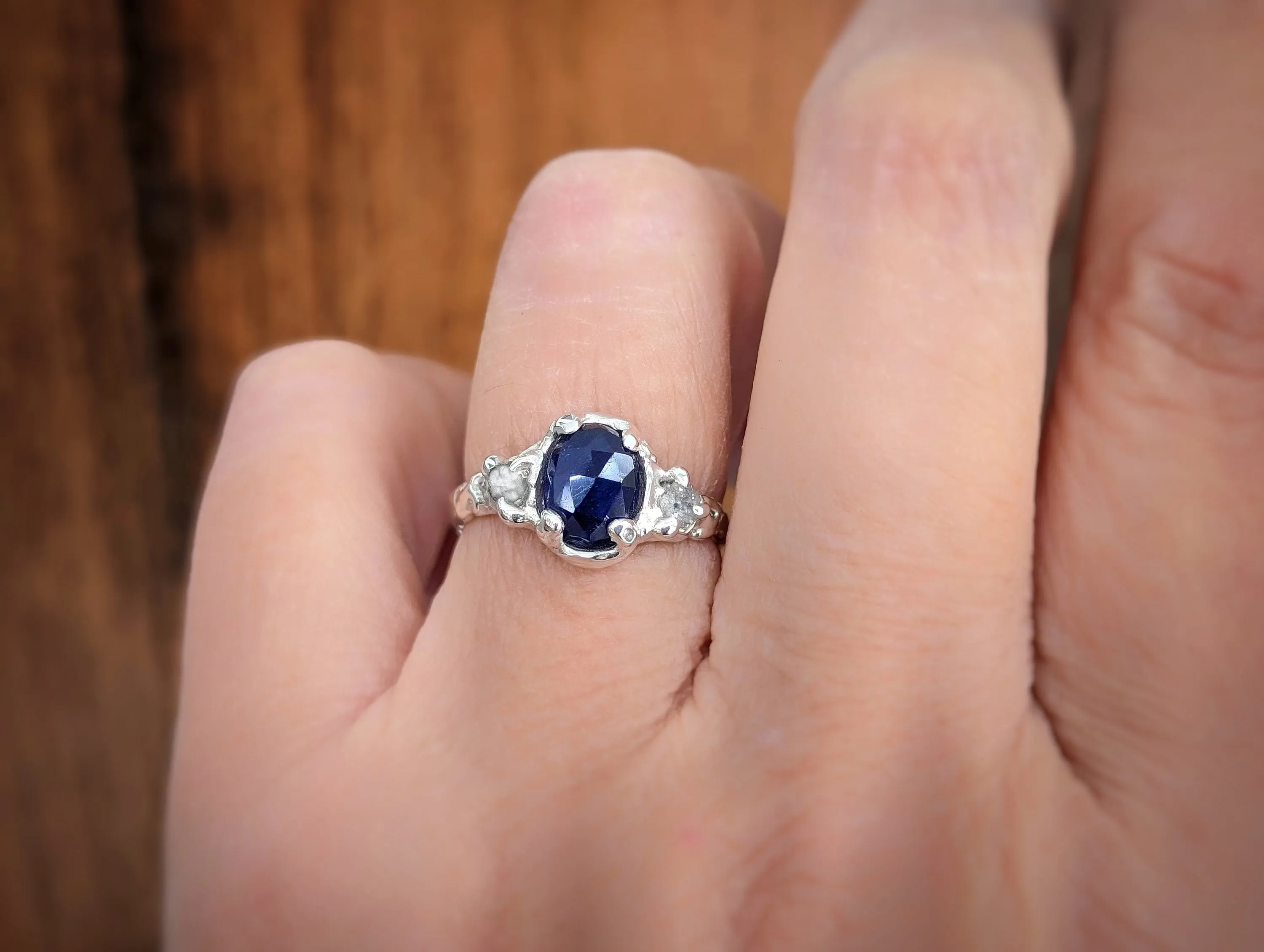 Blue Sapphire and raw diamond engagement ring in Solid Sterling Silver