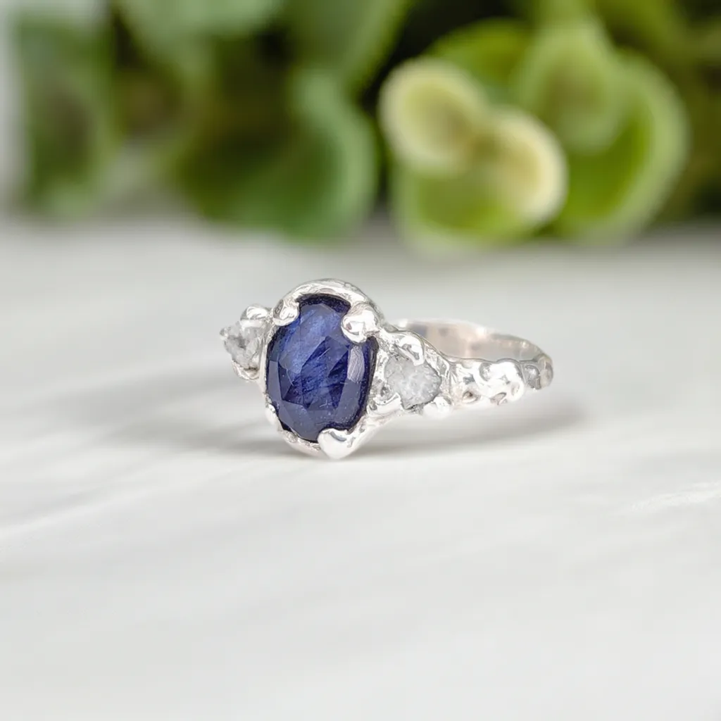 Blue Sapphire and raw diamond engagement ring in Solid Sterling Silver