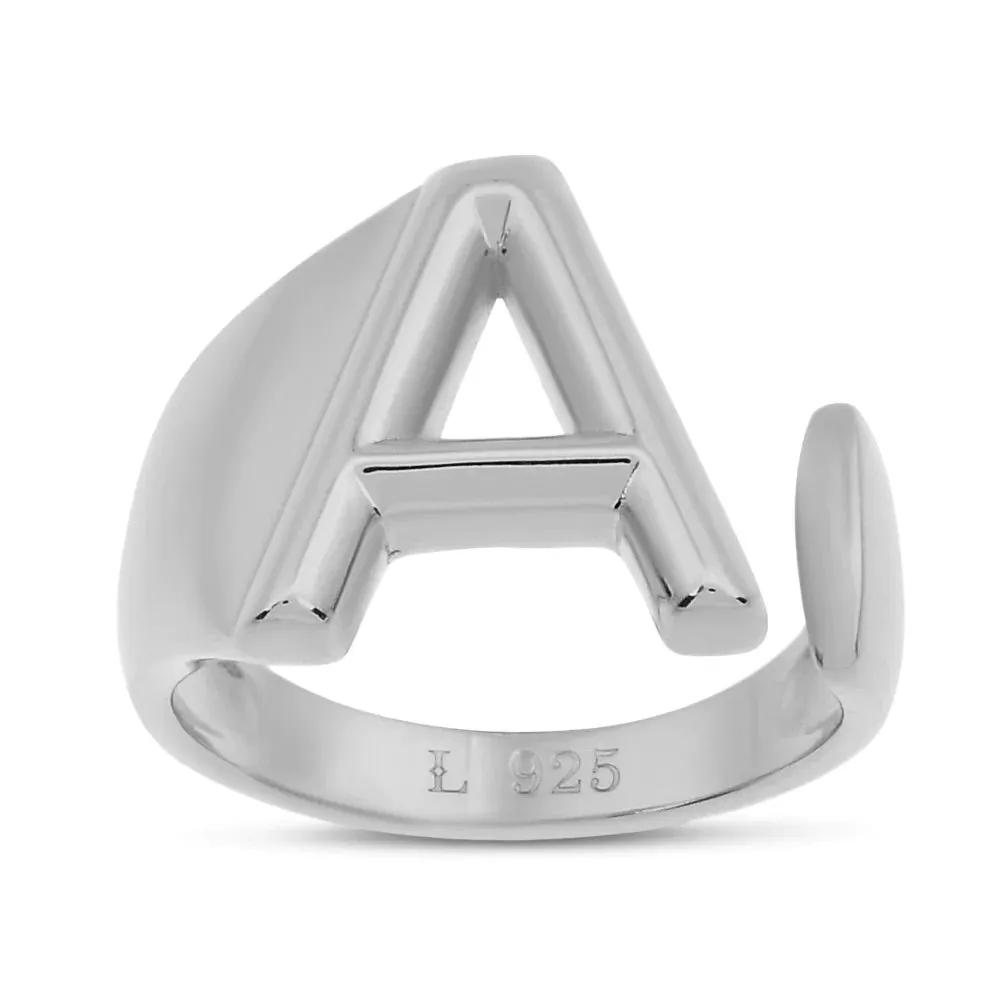 Bubble Letter Initial Adjustable Statement .925 Sterling Silver Ring