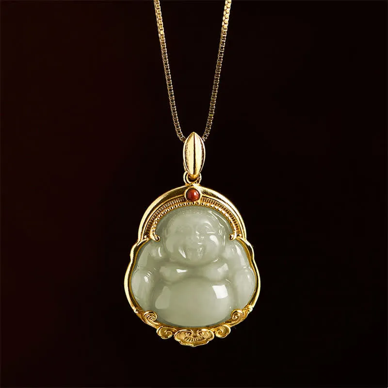 Buddha Stones 925 Sterling Silver Laughing Buddha Natural Hetian Jade Luck Prosperity Necklace Pendant