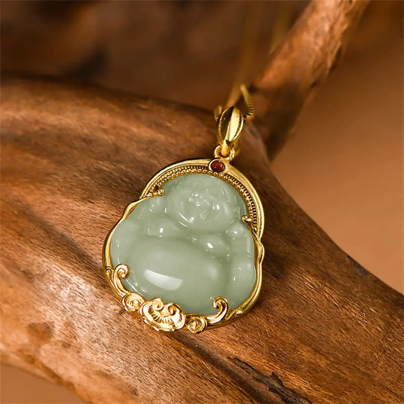 Buddha Stones 925 Sterling Silver Laughing Buddha Natural Hetian Jade Luck Prosperity Necklace Pendant